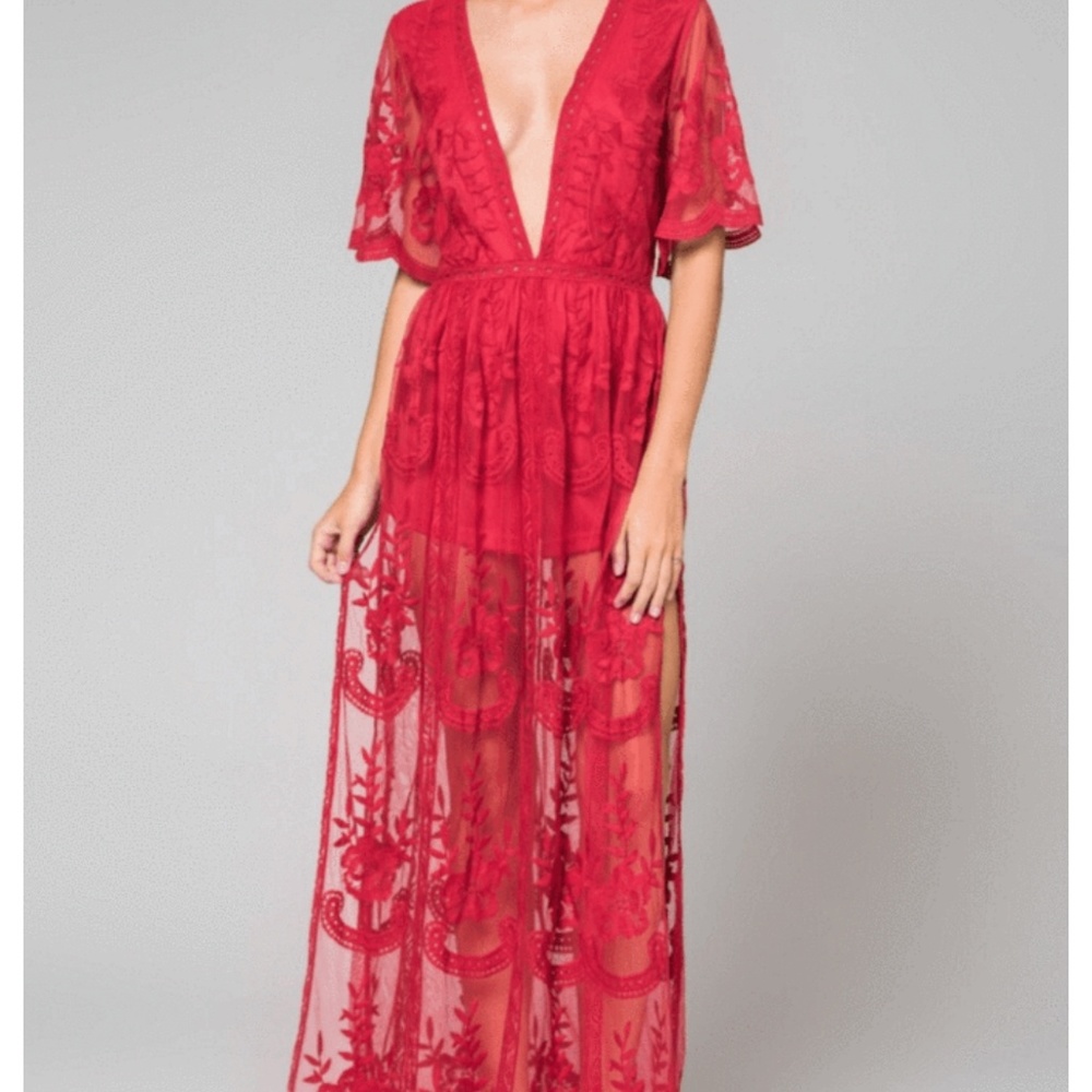 Plunging neck line lace maxi